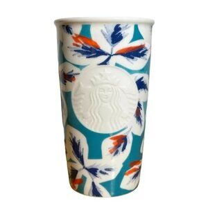 Starbucks Teal Leaf Ceramic Travel Coffee Tumbler 12 Oz. 2016. with Orange Lid